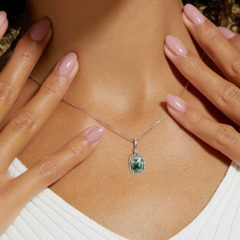 Cushion Cut Moss Agate Vintage Pendant Necklace