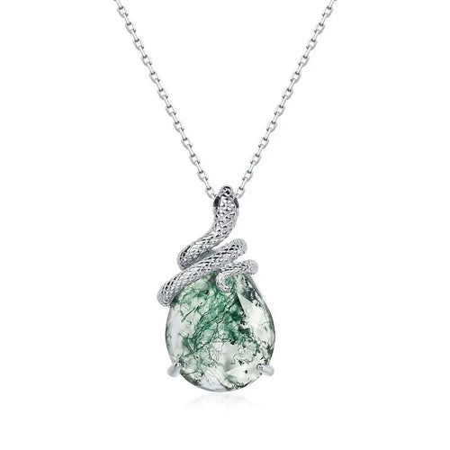 Pear Cut Moss Agate Mystical Serpent Carved Nature Inspired  Necklace