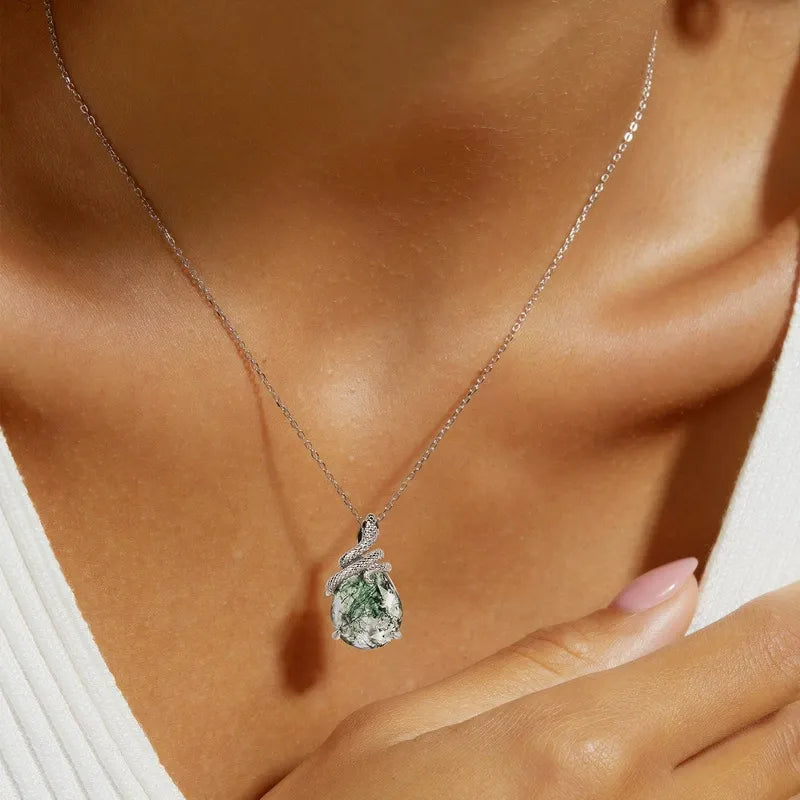 Pear Cut Moss Agate Mystical Serpent Carved Nature Inspired  Necklace