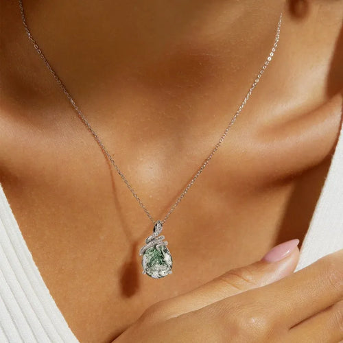 Pear Cut Moss Agate Mystical Serpent Carved Nature Inspired  Necklace