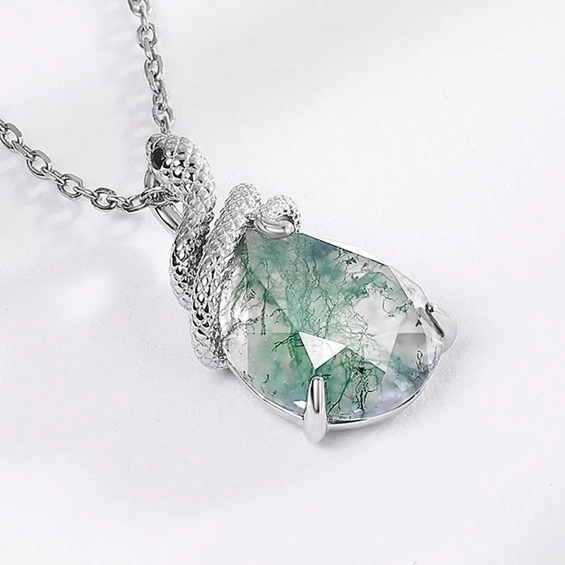 Pear Cut Moss Agate Mystical Serpent Carved Nature Inspired  Necklace