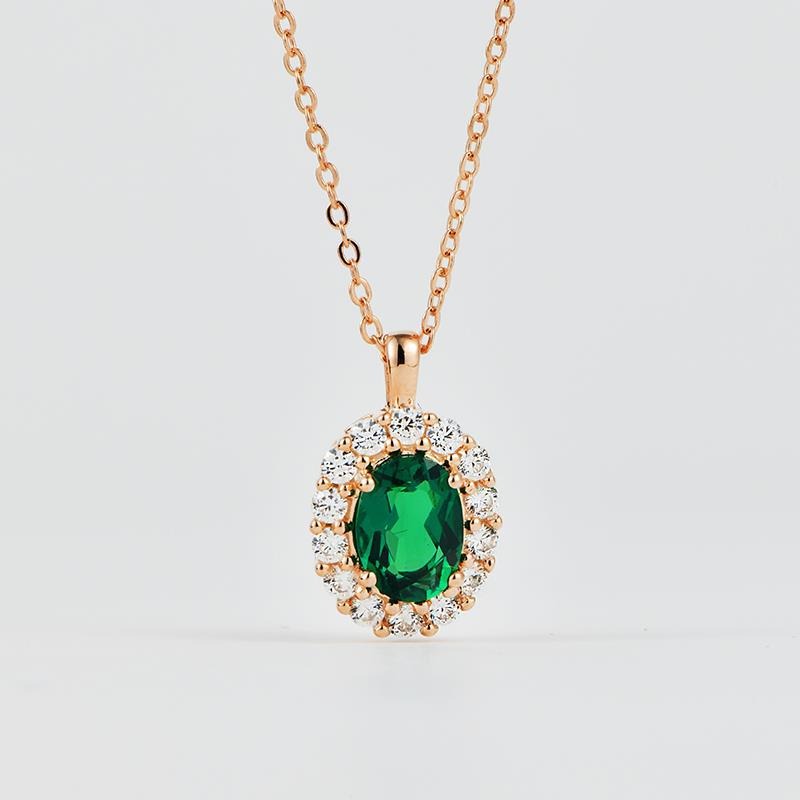 Oval Cut Lab Emerald Halo Necklace