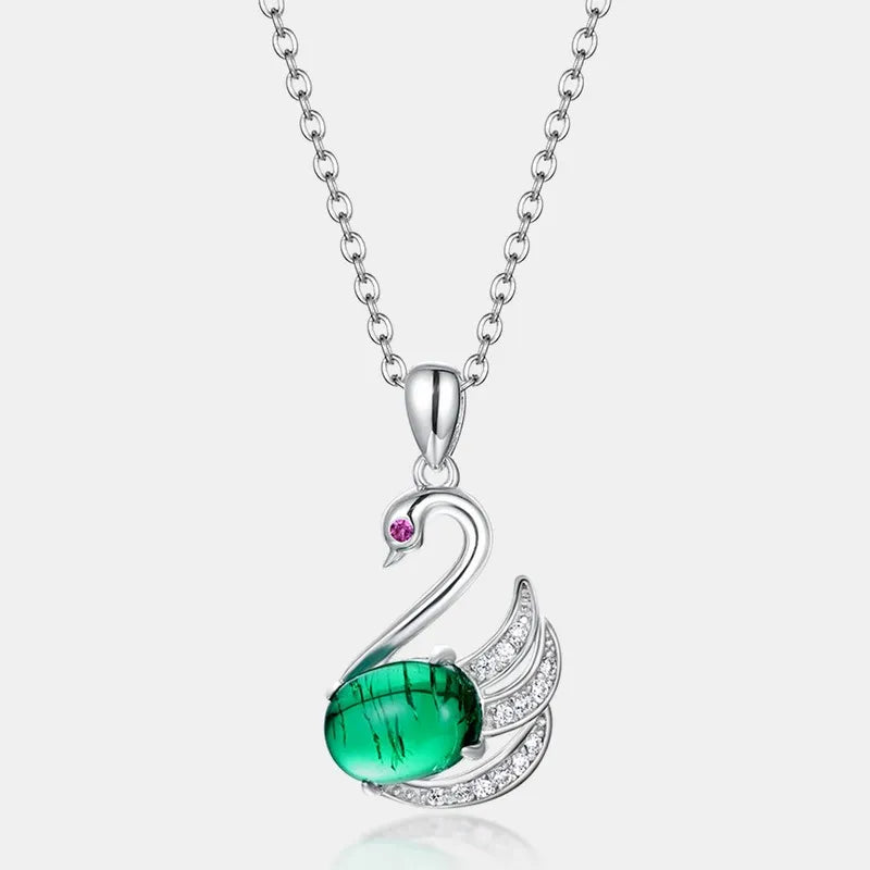 Oval Cut Lab Emerald Elegant Swan Nature Inspired Necklace