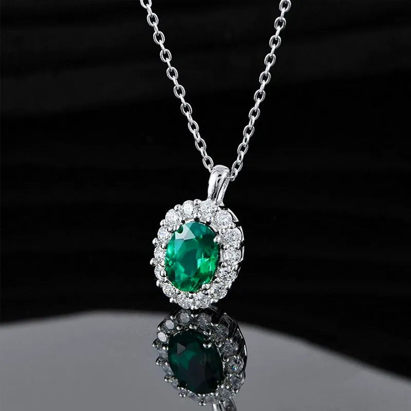 Oval Cut Lab Emerald Halo Necklace