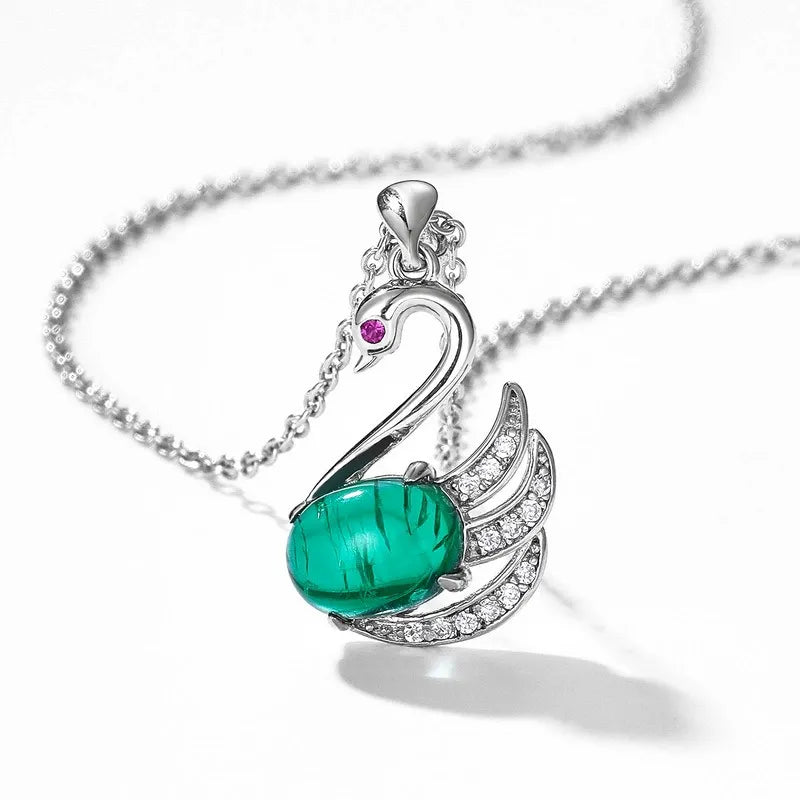 Oval Cut Lab Emerald Elegant Swan Nature Inspired Necklace
