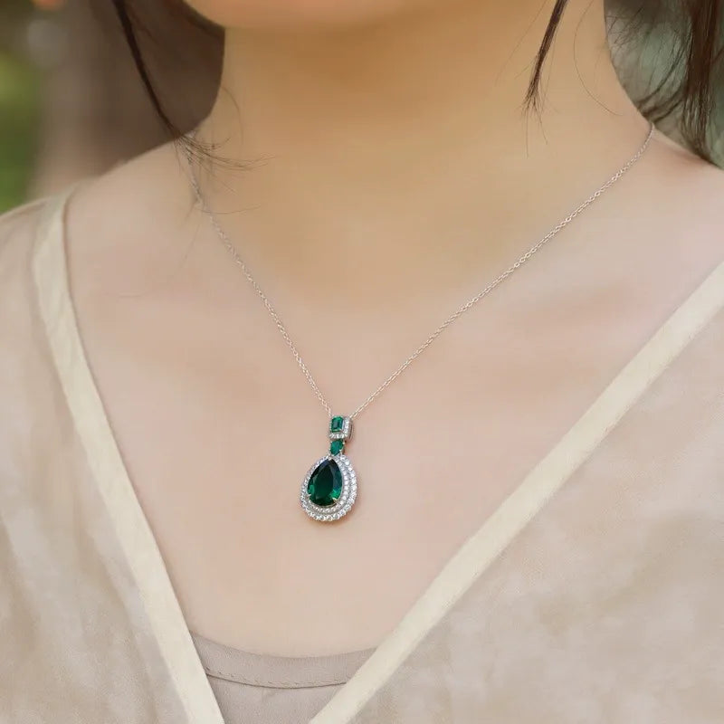Pear Cut Lab Emerald Halo Pendant Necklace