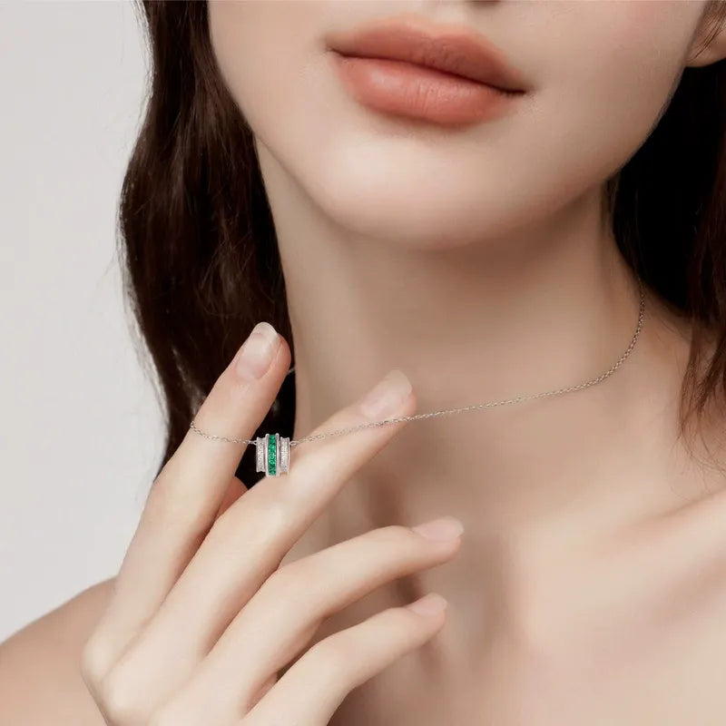 Barrel-shaped Lab Emerald Halo Necklace