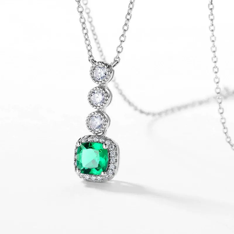 Cushion Cut Lab Emerald Halo Pendant