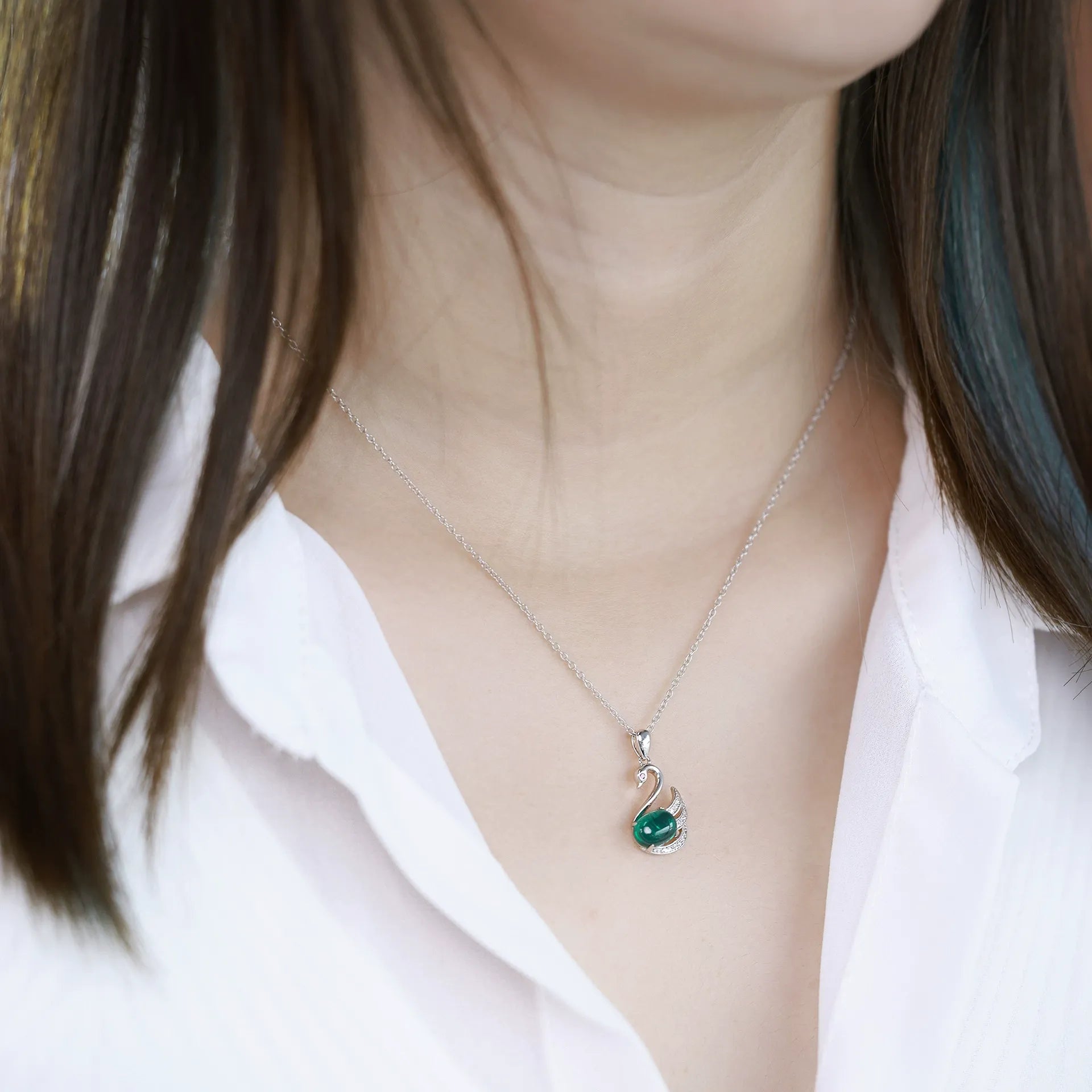 Oval Cut Lab Emerald Elegant Swan Nature Inspired Necklace