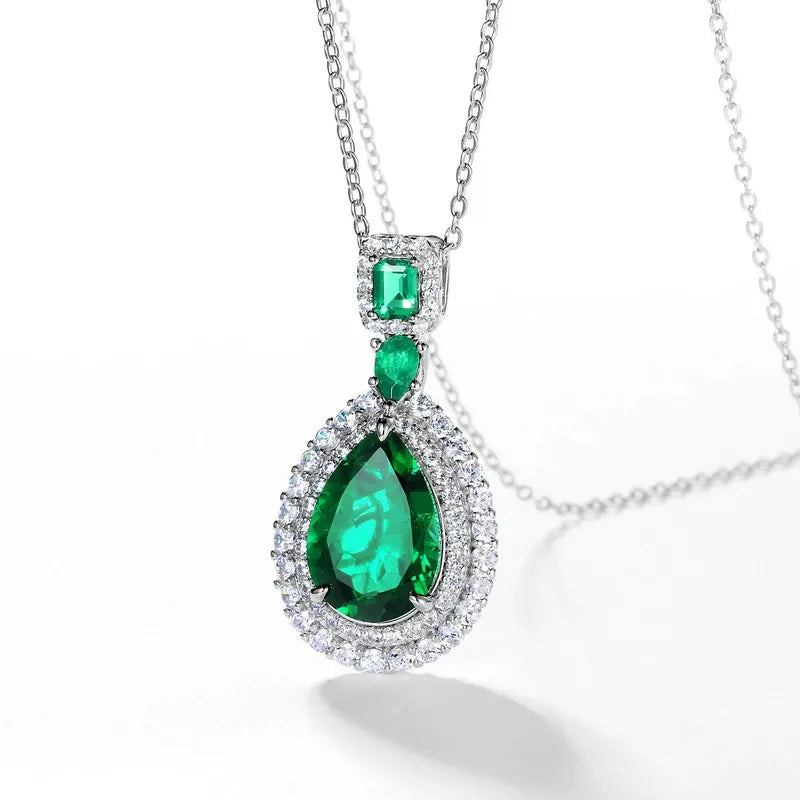 Pear Cut Lab Emerald Halo Pendant Necklace