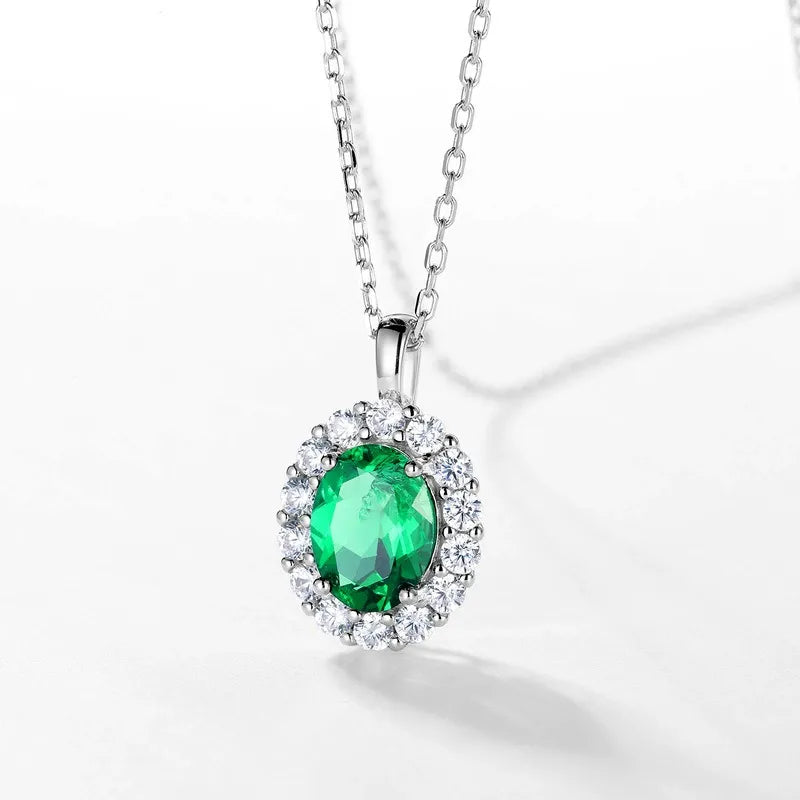 Oval Cut Lab Emerald Halo Necklace