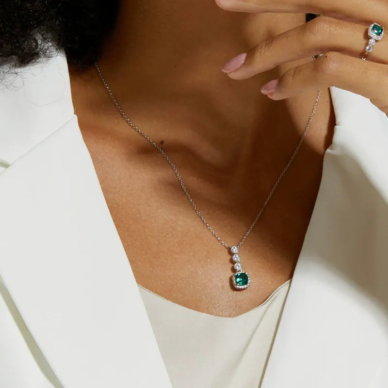 Cushion Cut Lab Emerald Halo Pendant