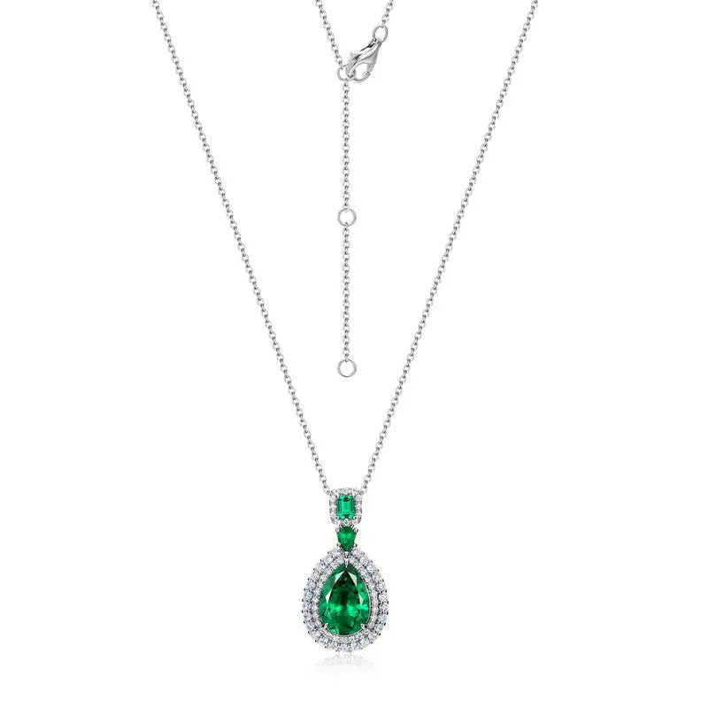 Pear Cut Lab Emerald Halo Pendant Necklace