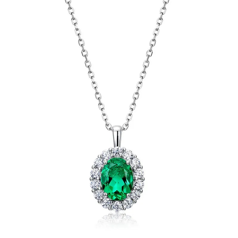 Oval Cut Lab Emerald Halo Necklace