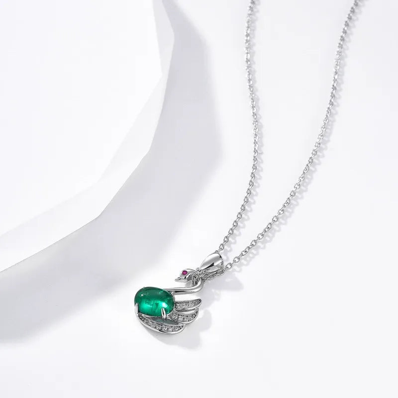 Oval Cut Lab Emerald Elegant Swan Nature Inspired Necklace