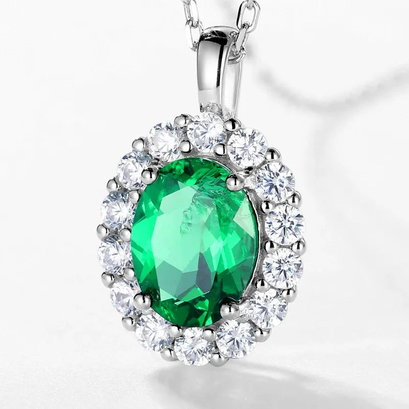 Oval Cut Lab Emerald Halo Necklace