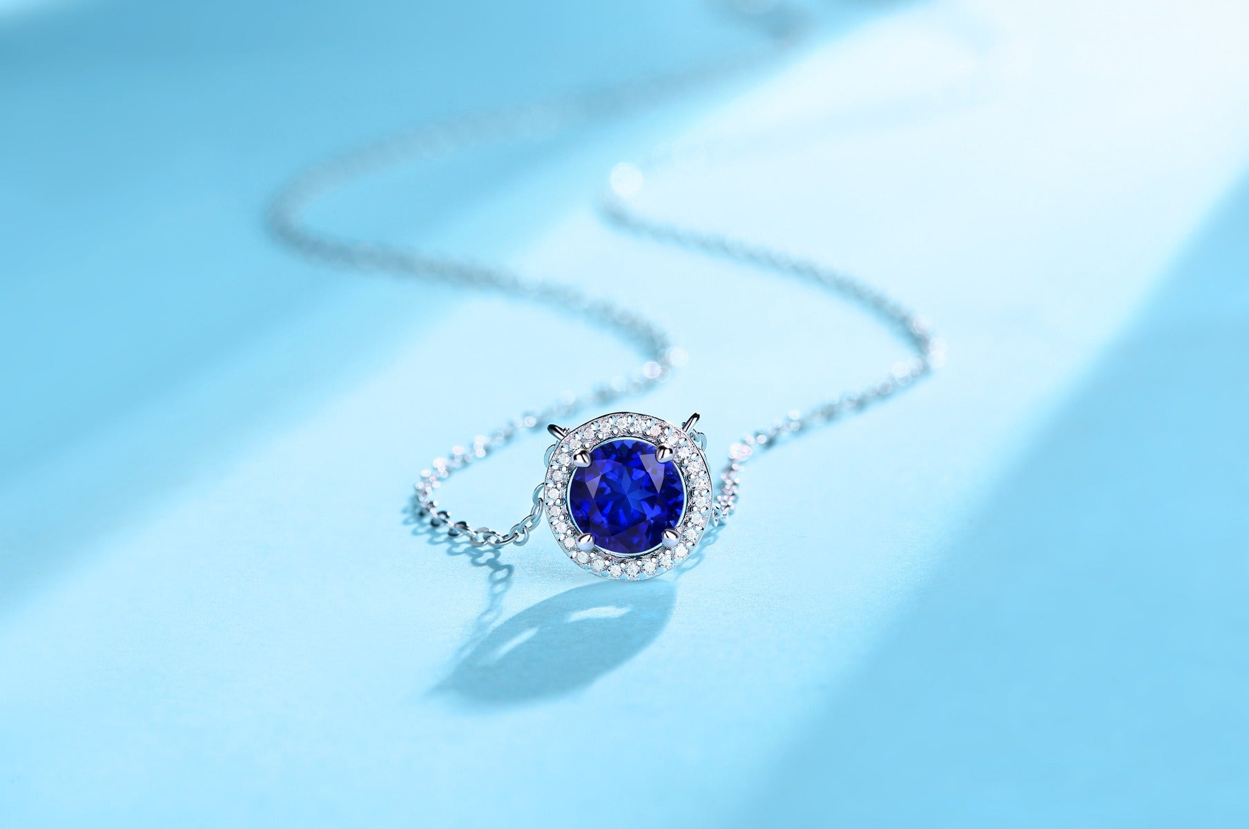 Celestine Round Cut Lab Sapphire Halo Necklace