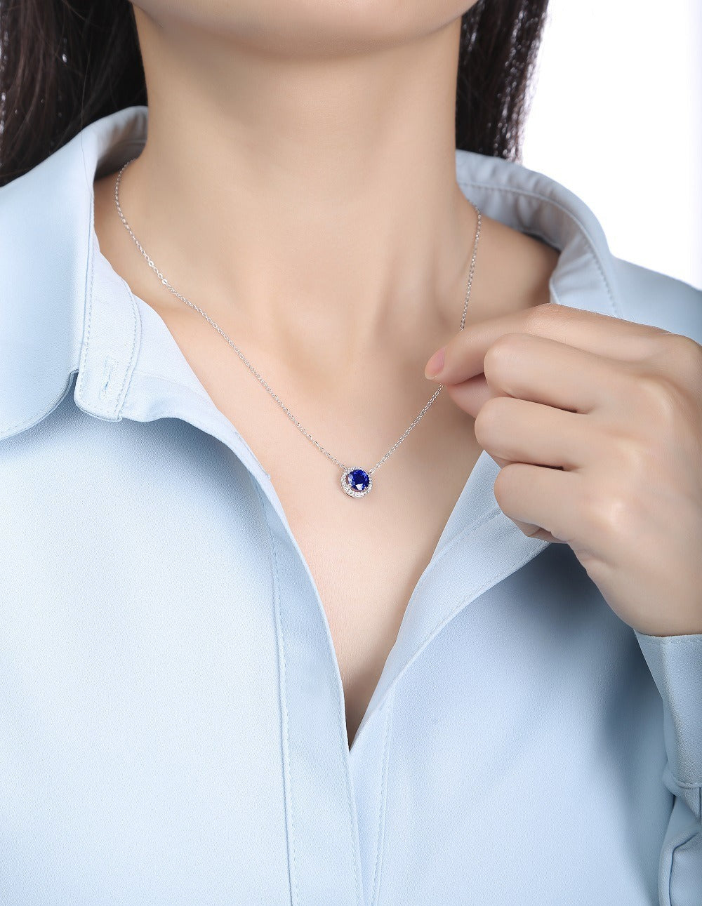 Celestine Round Cut Lab Sapphire Halo Necklace