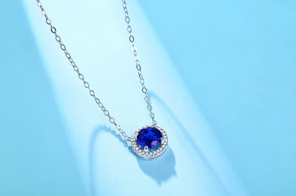 Celestine Round Cut Lab Sapphire Halo Necklace