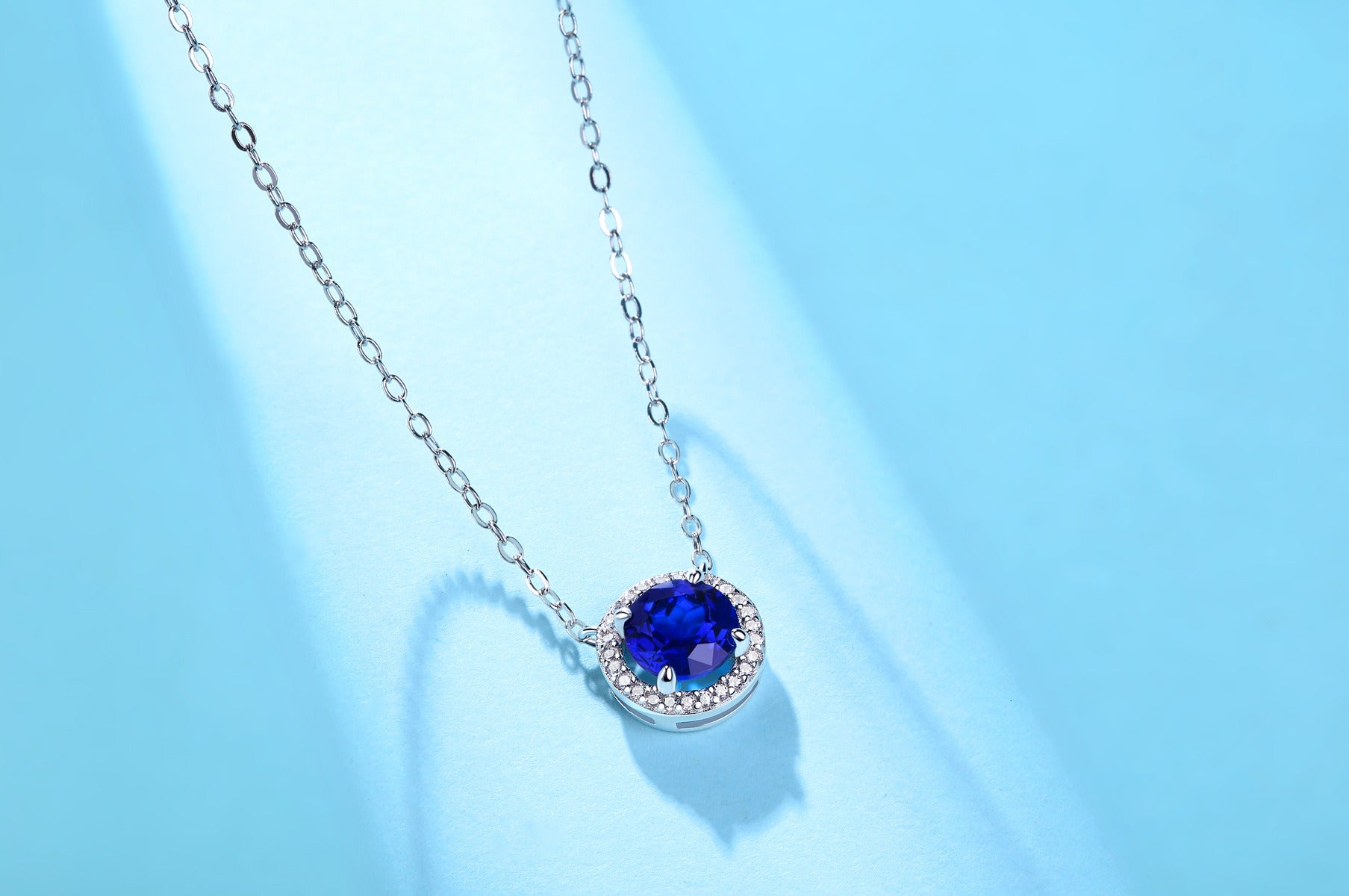 Celestine Round Cut Lab Sapphire Halo Necklace