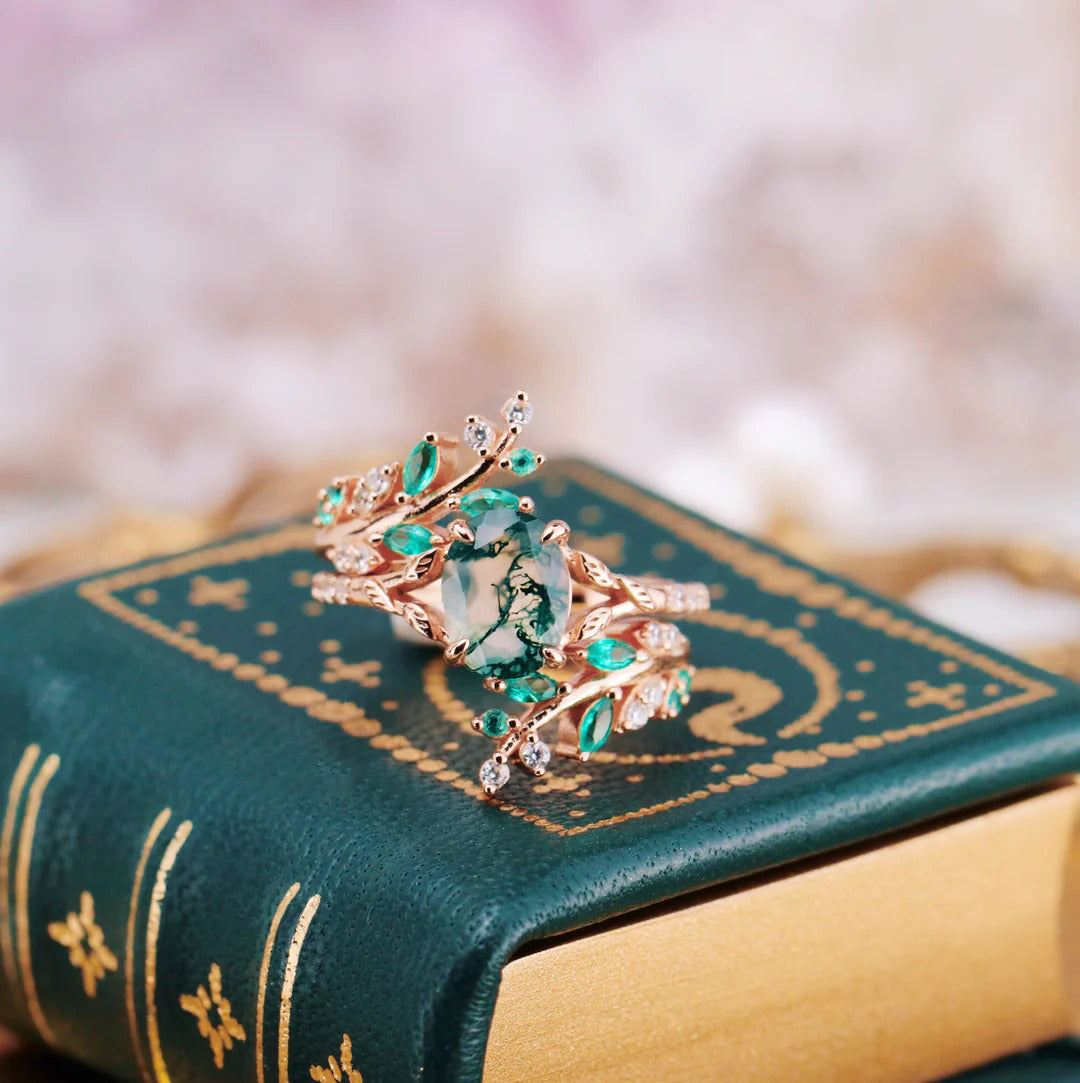 Green Moss Agate & Emerald Leaf Enhancer Bridal Set