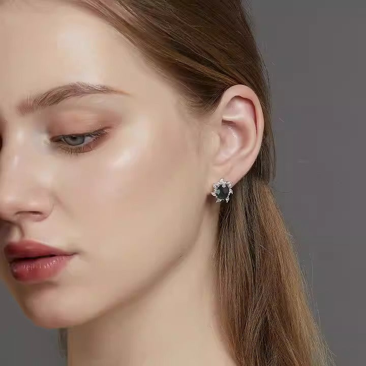 Oval Cut Moss Agate Nature Inspired Sunflower Stud Earrings