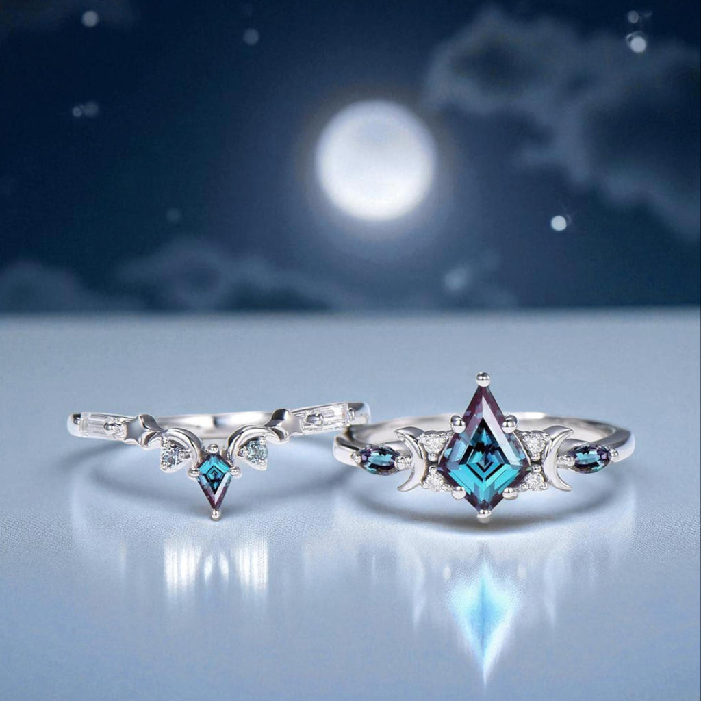 Crescent Moon Star Black Kite Cut Alexandrite June Birthstone Gothic Bridal Ring Set