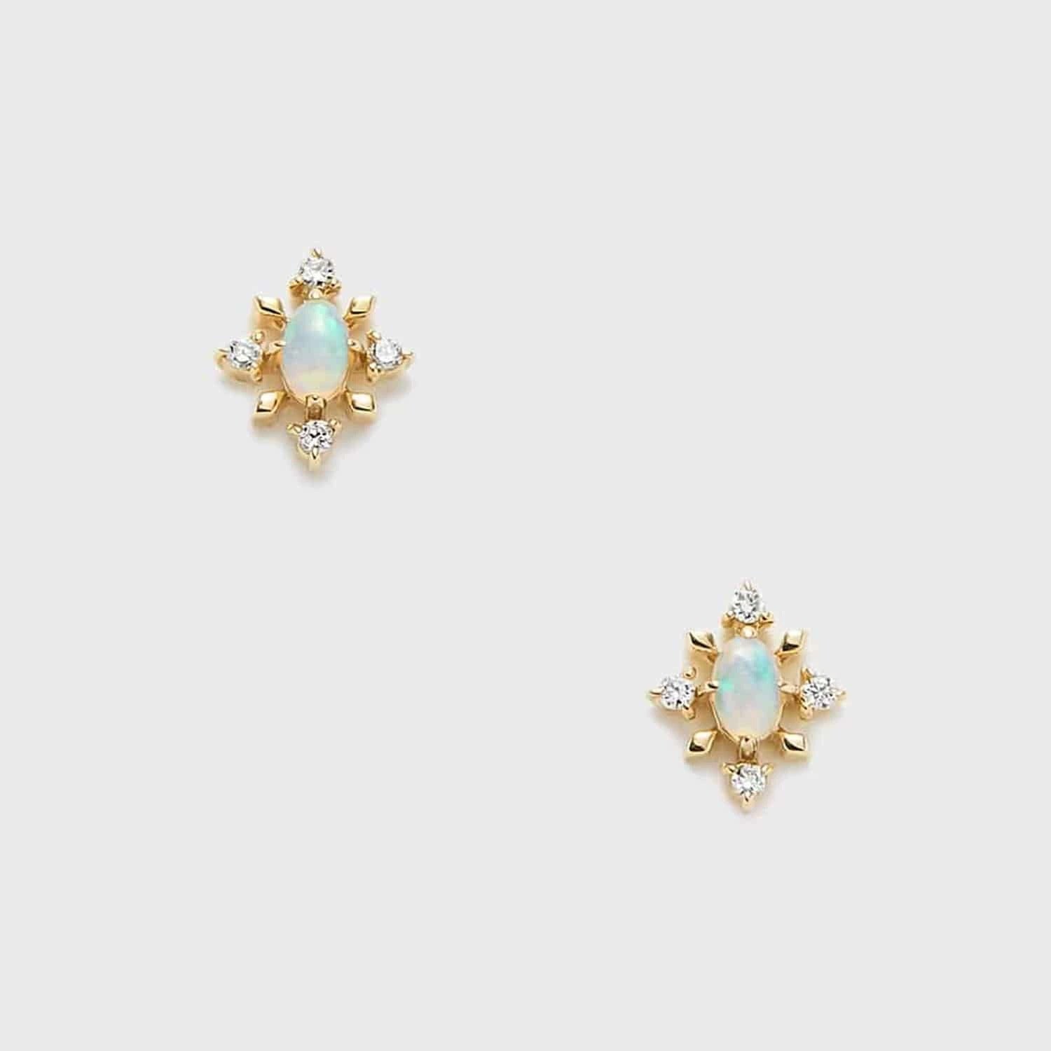 Oval Cut Natural Opal Classic Minimalist Snowflake Stud Earrings
