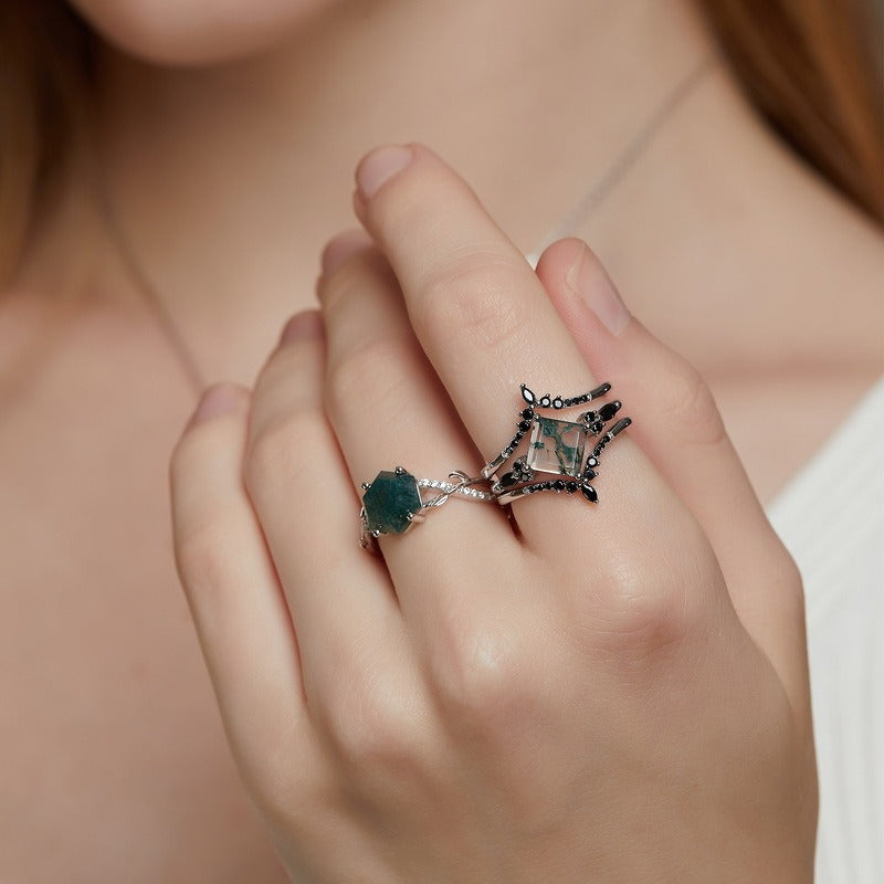 Hexagon Cut Green Moss Agate Leaf Engagement Ring