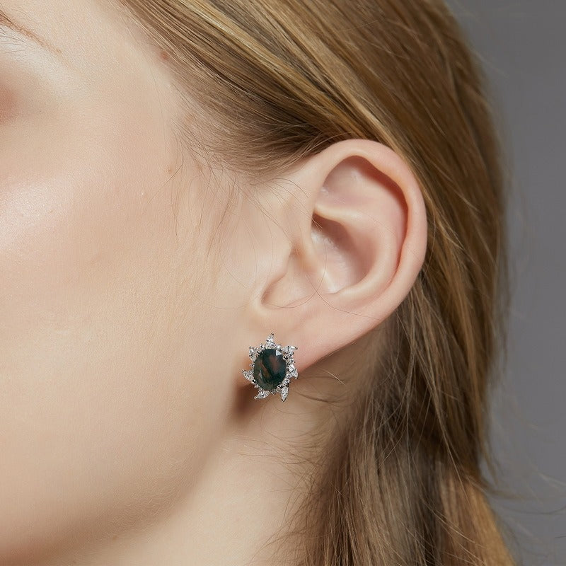 Oval Cut Moss Agate Nature Inspired Sunflower Stud Earrings