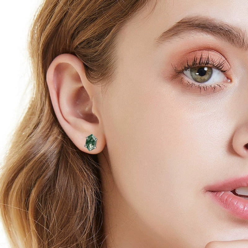 Hexagon Cut Moss Agate Classic Stud Earrings for Women
