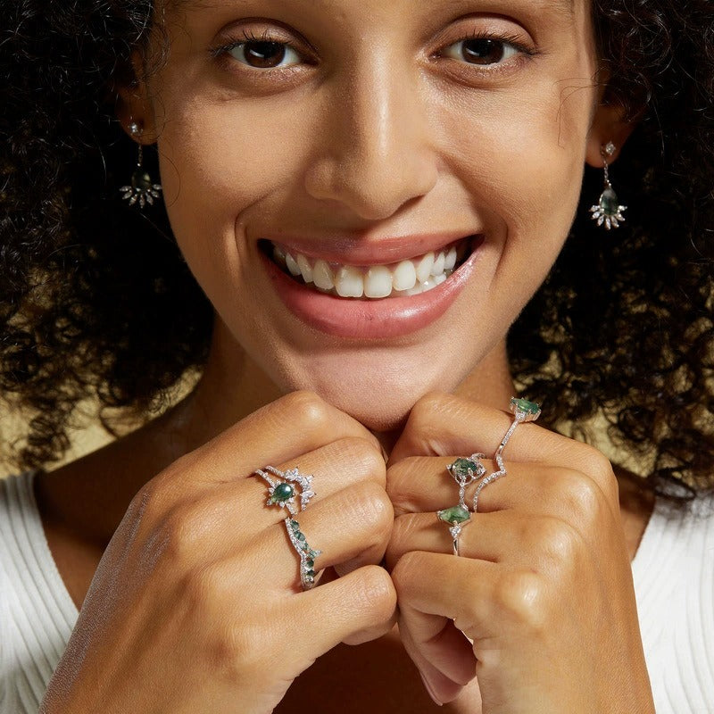 Pear Cut Moss Agate Vintage Bridal Ring Set