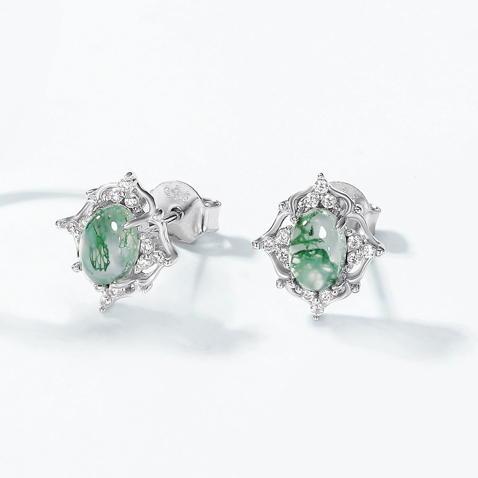 Oval Cut Moss Agate Vintage Stud Earrings for Women
