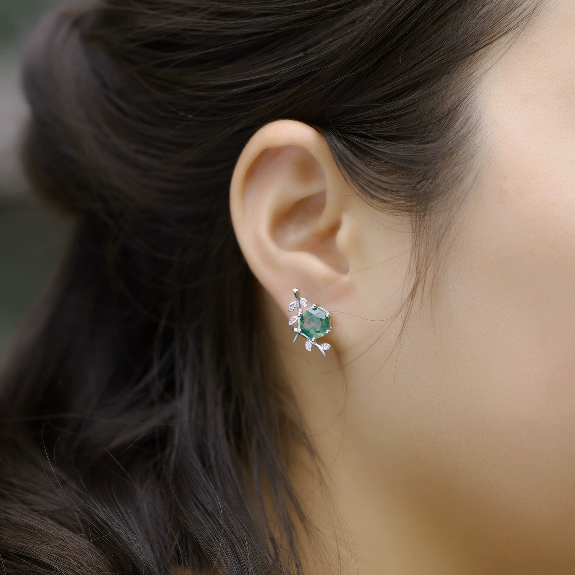Round Cut Moss Agate Nature Inspired Olive Branch Stud Earrings