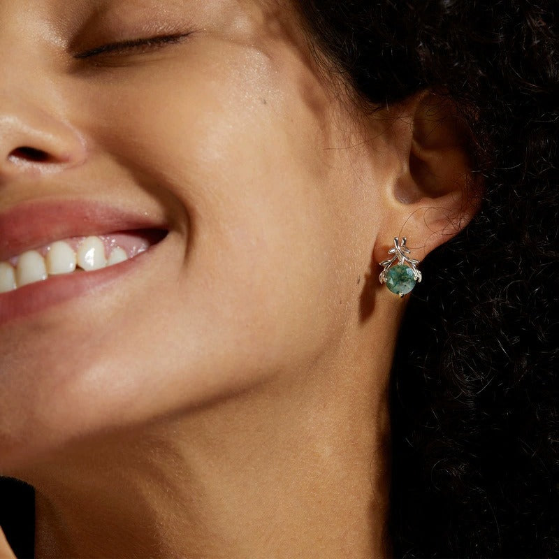 Round Cut Moss Agate Nature Inspired Olive Branch Stud Earrings
