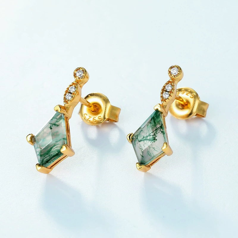 Kite Cut Moss Agate Nature Signature Vintage Stud Earrings