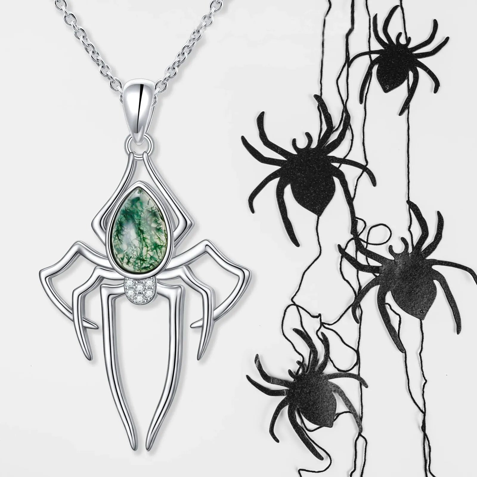 'Nocturne Spider' Gothic Moss Agate Rhinestone Spider Necklace for Women