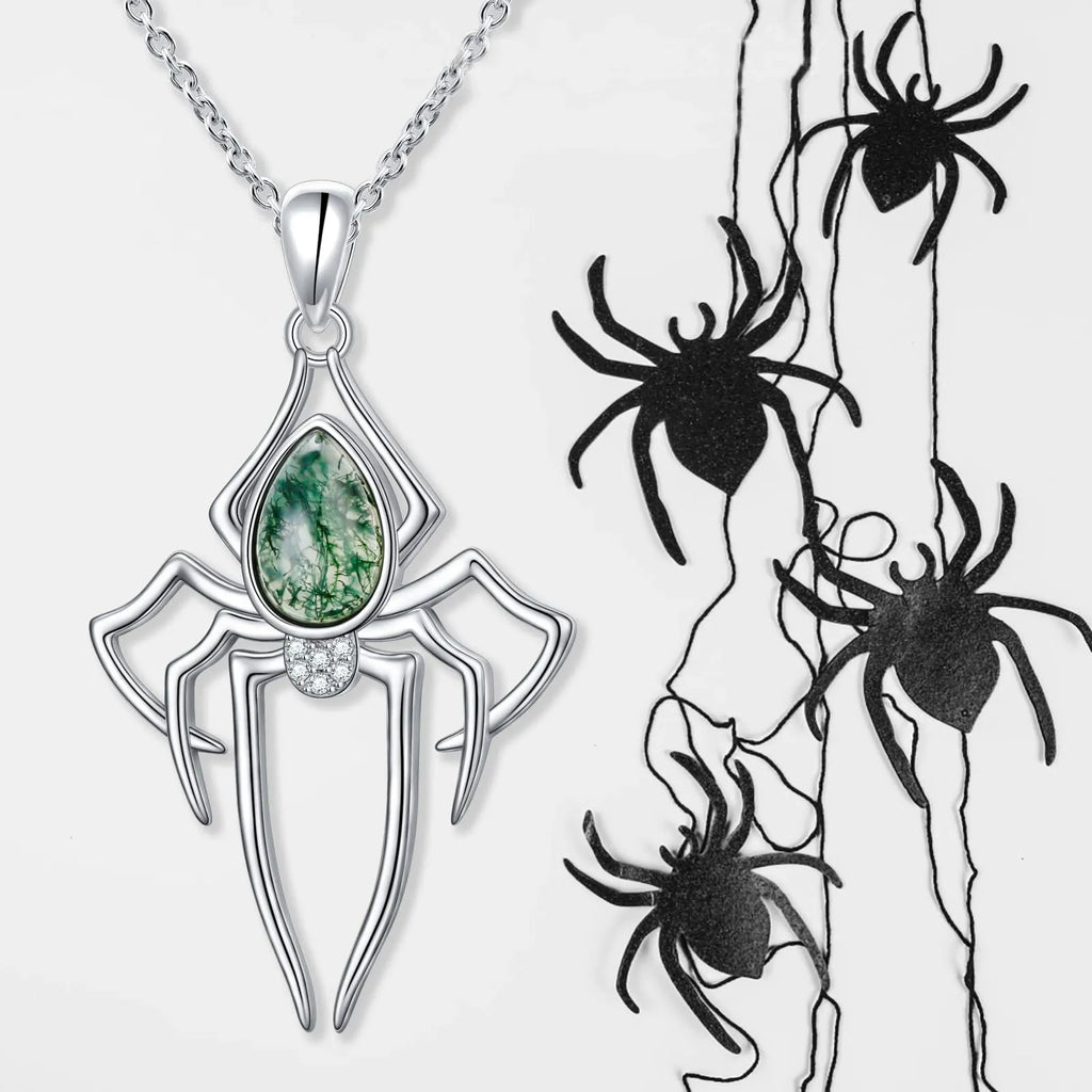 'Nocturne Spider' Gothic Moss Agate Rhinestone Spider Necklace for Women
