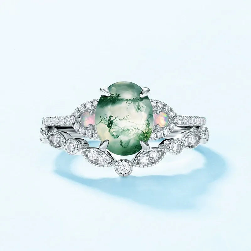 Unique Oval Cut Moss Agate & Opal Vintage Engagement Ring