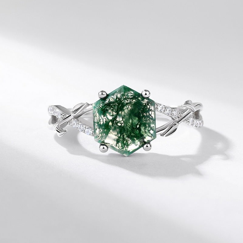 Hexagon Cut Green Moss Agate Leaf Engagement Ring