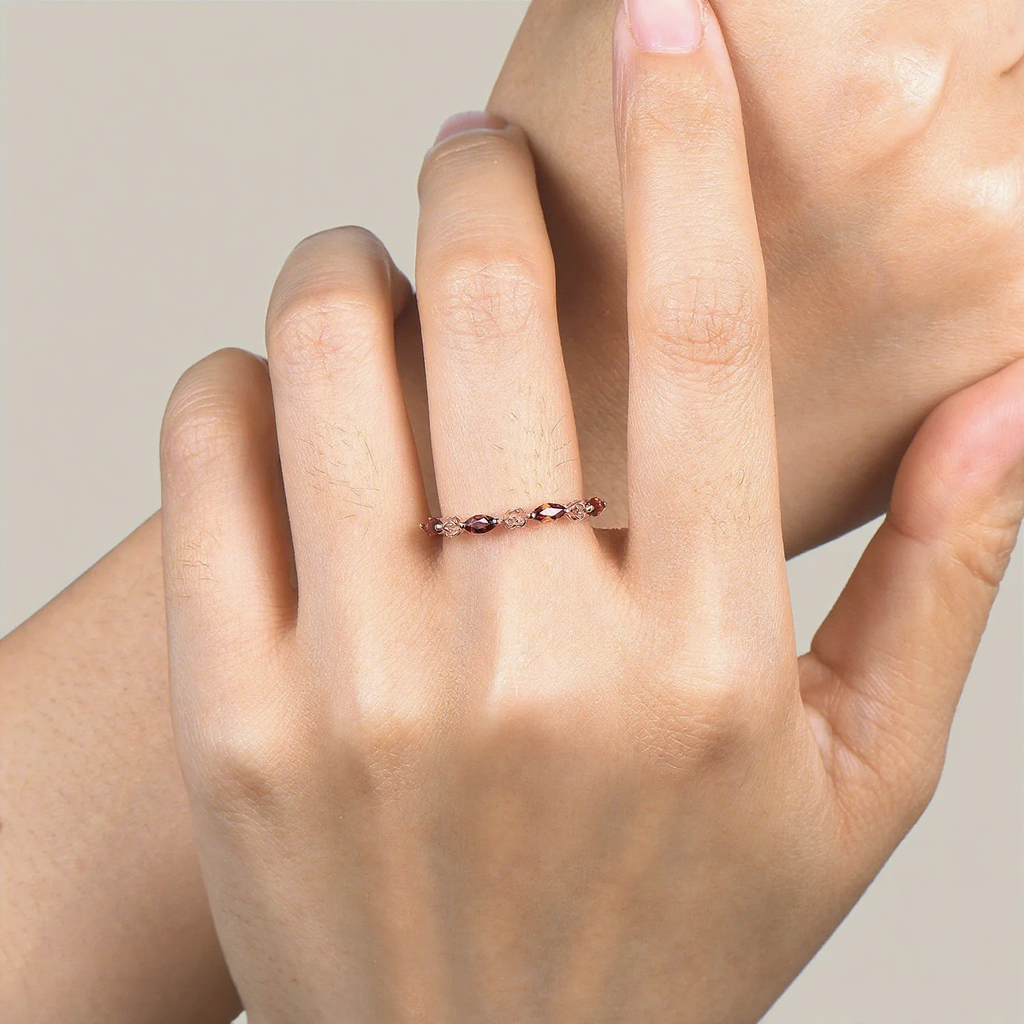 Marquise Cut Garnet & Flower Half Eternity Wedding Band