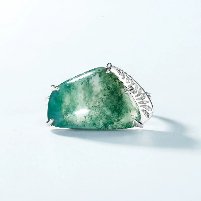 Irregular Cut Moss Agate Nature Inspired Adjustable Ring
