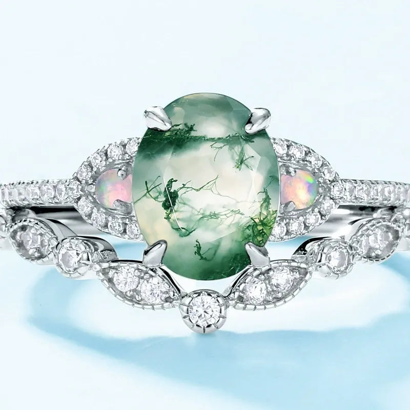 Unique Oval Cut Moss Agate & Opal Vintage Engagement Ring
