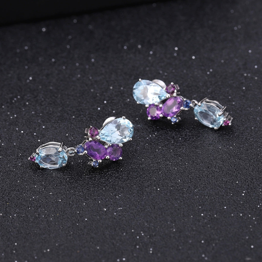 Pear & Oval Cut Natural Topaz&Amethyst Unique Drop Earrings