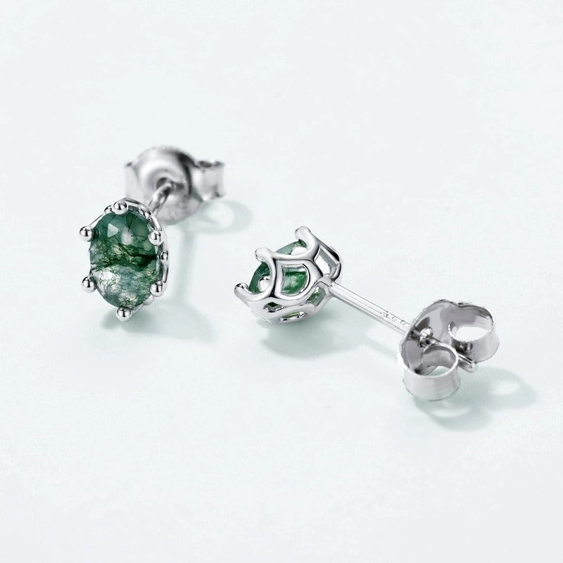 Oval Cut Moss Agate Classic Minimalist Stud Earrings