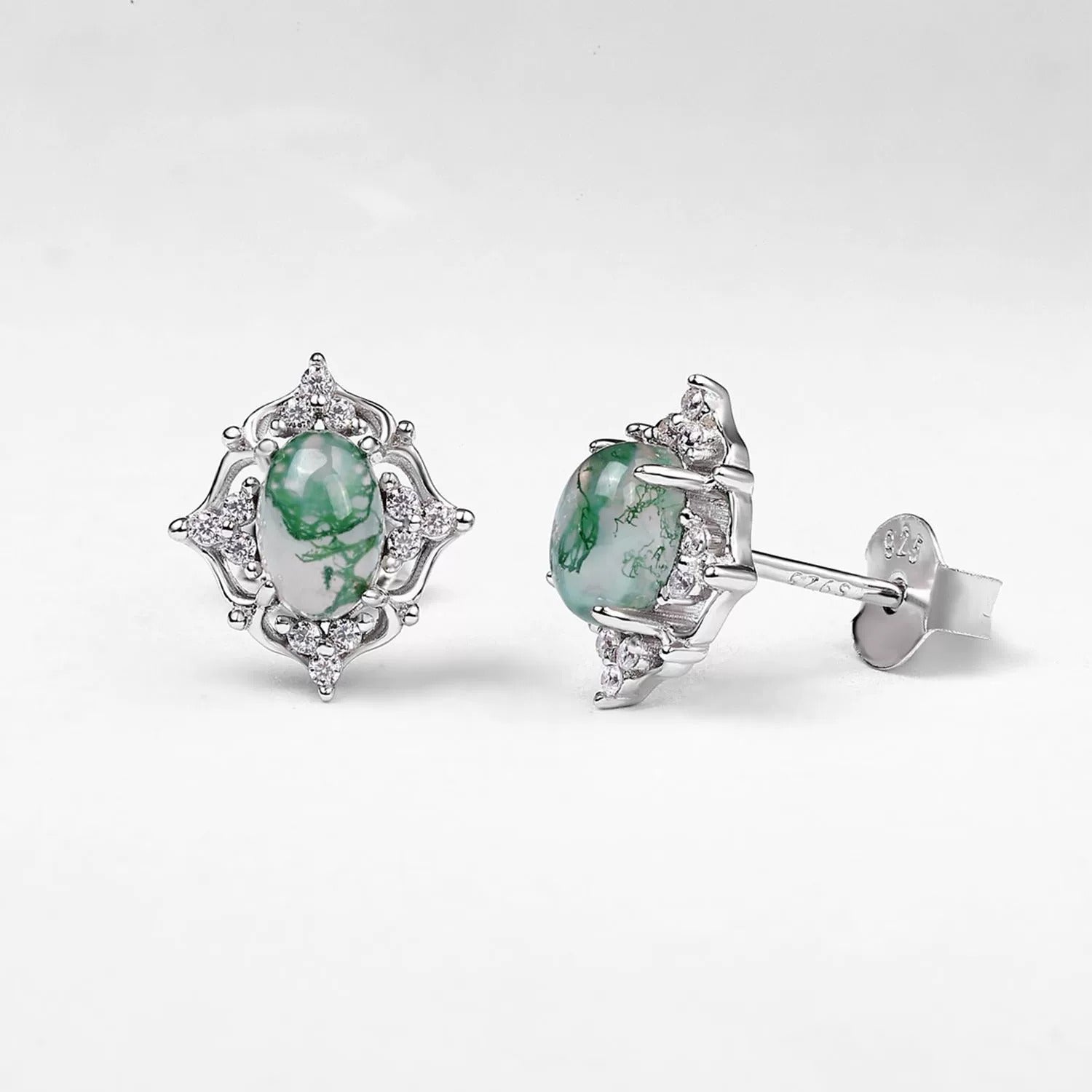Oval Cut Moss Agate Vintage Stud Earrings for Women