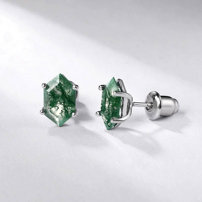 Hexagon Cut Moss Agate Classic Stud Earrings for Women