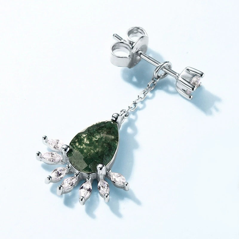Pear Cut Moss Agate Tassel Design Classic Drop Earrings
