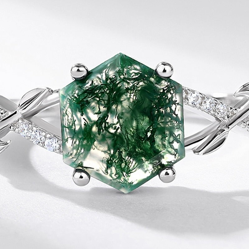 Hexagon Cut Green Moss Agate Leaf Engagement Ring