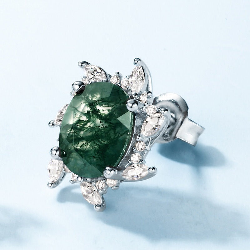 Oval Cut Moss Agate Nature Inspired Sunflower Stud Earrings